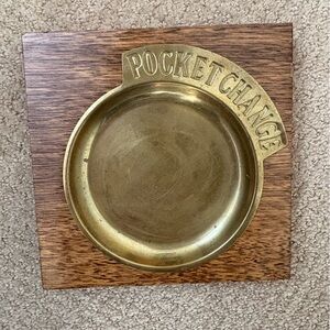 Brass Pocket Change Holder on Wooden Base